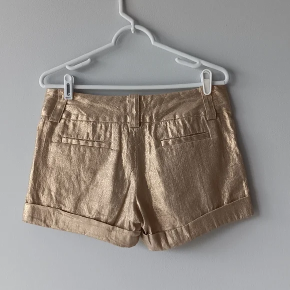 Alice + Olivia Linen Cotton Metallic Gold Shimmer Mini Shorts Size 8 Medium Women